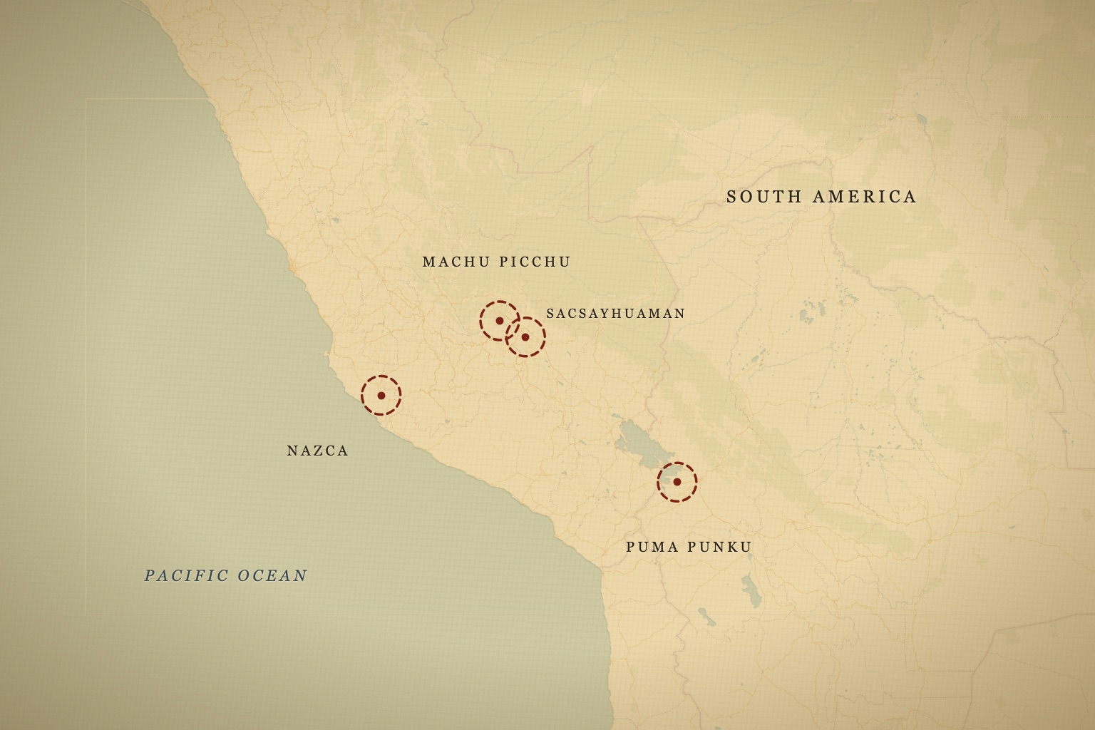 From Machu Picchu and Sacsayhuamán in Peru to Puma Punku on the Bolivian altiplano — the sites in this roundup span the central Andes. Map data © OpenStreetMap contributors, tiles © CARTO.
