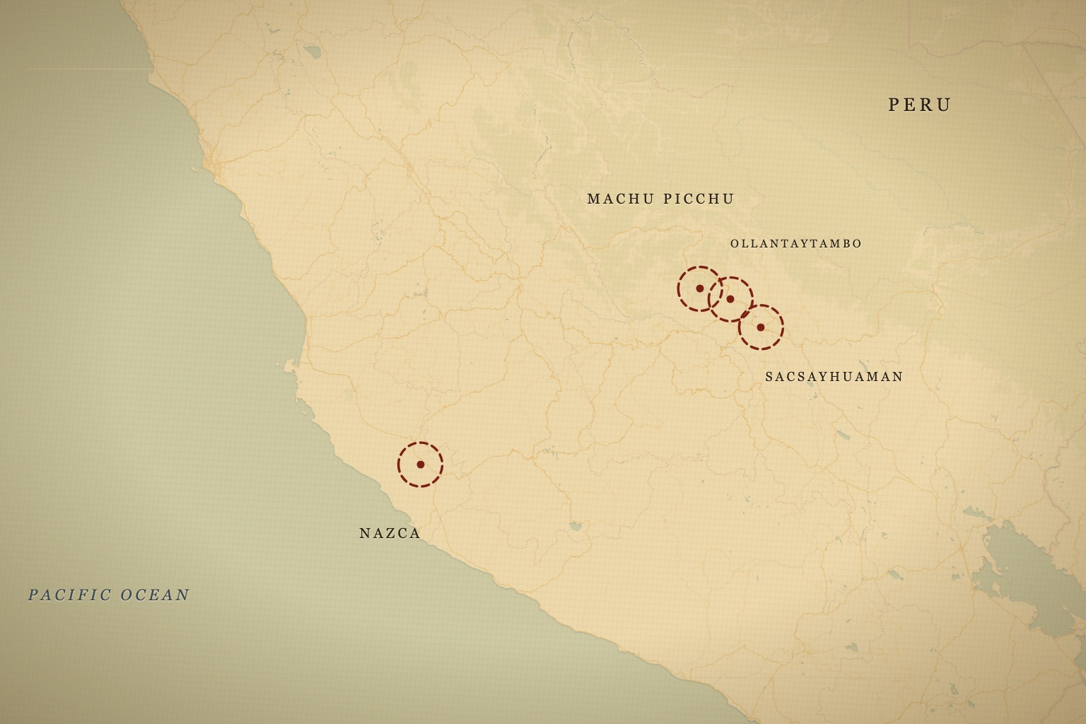 Peru's mystery circuit: Machu Picchu, Ollantaytambo, Sacsayhuamán, and the Nazca Lines. Map data © OpenStreetMap contributors, tiles © CARTO.