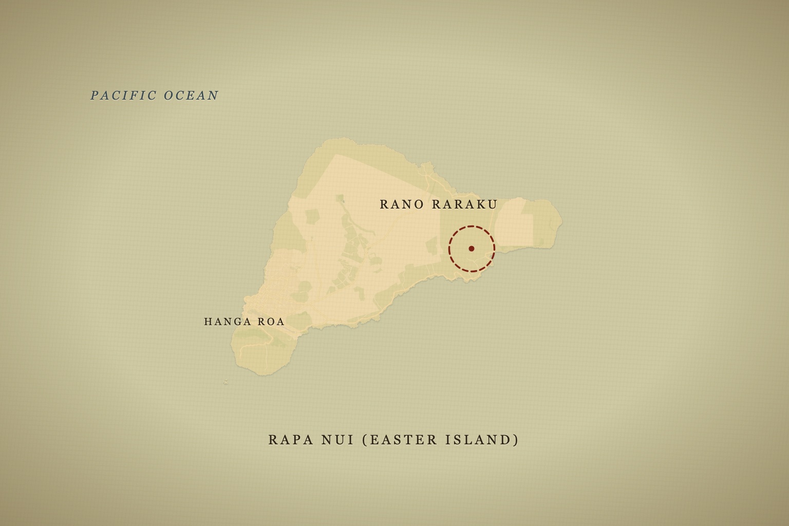 Rapa Nui (Easter Island), with the Rano Raraku quarry marked — the volcanic crater every moai left on foot, if the walking hypothesis is right. Map data © OpenStreetMap contributors, tiles © CARTO.
