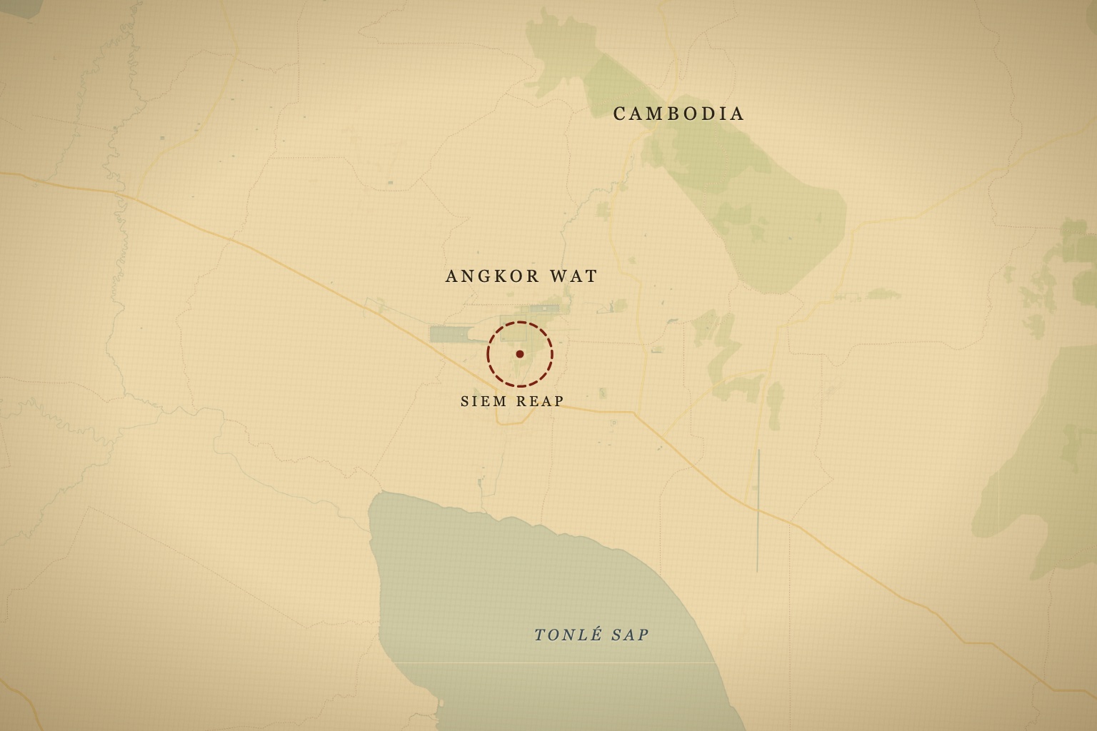 Angkor Wat sits just outside Siem Reap in northwestern Cambodia, on the plain above the Tonlé Sap. Map data © OpenStreetMap contributors, tiles © CARTO.