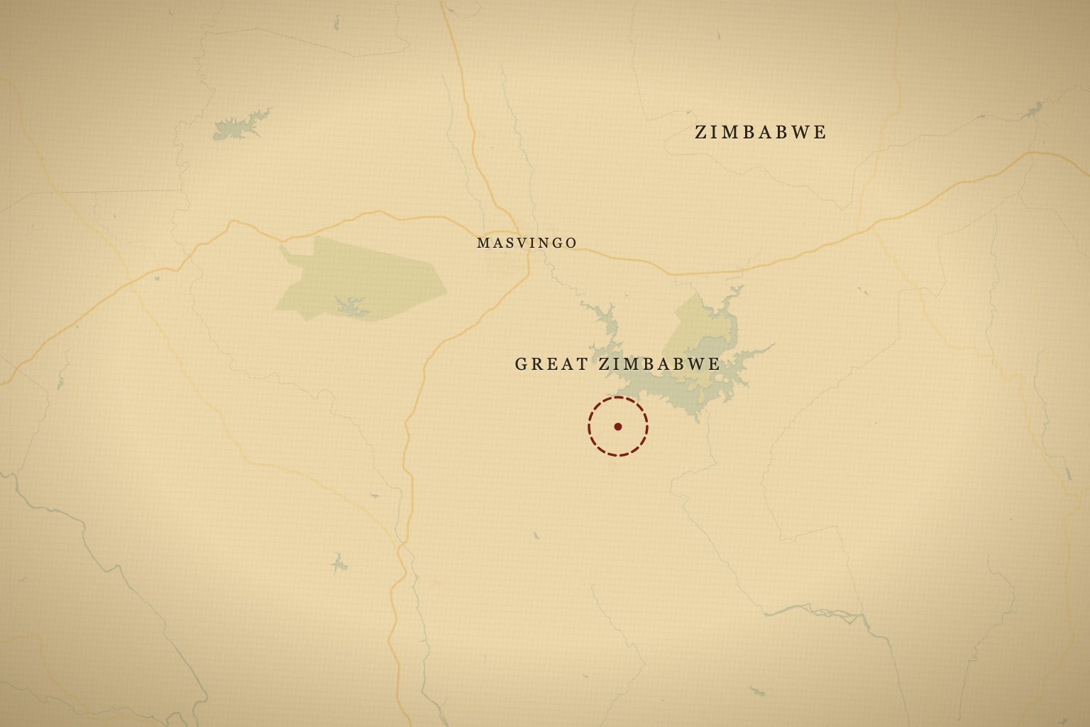 Great Zimbabwe sits near Masvingo on the granite highveld of southern Zimbabwe. Map data © OpenStreetMap contributors, tiles © CARTO.