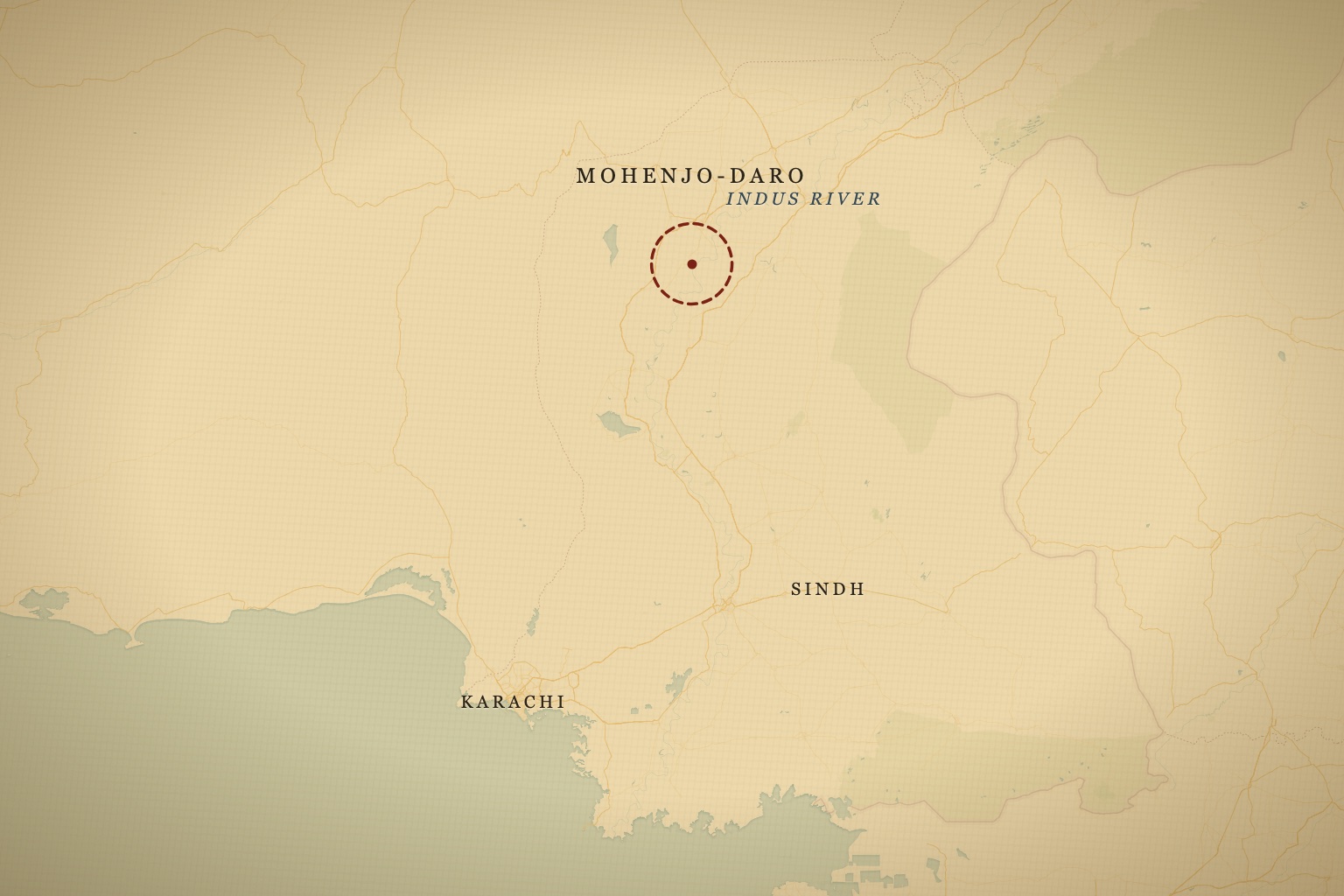 Mohenjo-daro, a Bronze Age city in the Indus Valley Civilization, located in Sindh province, Pakistan, circa 2600–1900 BC. Map data © OpenStreetMap contributors, tiles © CARTO.