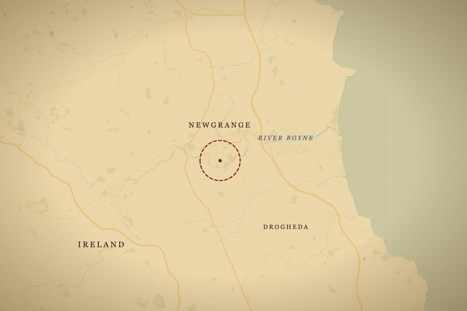 Newgrange sits on the Boyne Valley in County Meath, Ireland, near Drogheda. Map data © OpenStreetMap contributors, tiles © CARTO.
