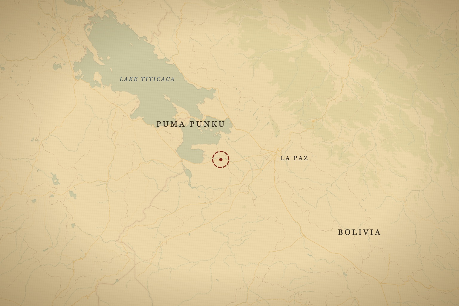 Puma Punku on the Bolivian altiplano, near the southern shore of Lake Titicaca, west of La Paz. Map data © OpenStreetMap contributors, tiles © CARTO.