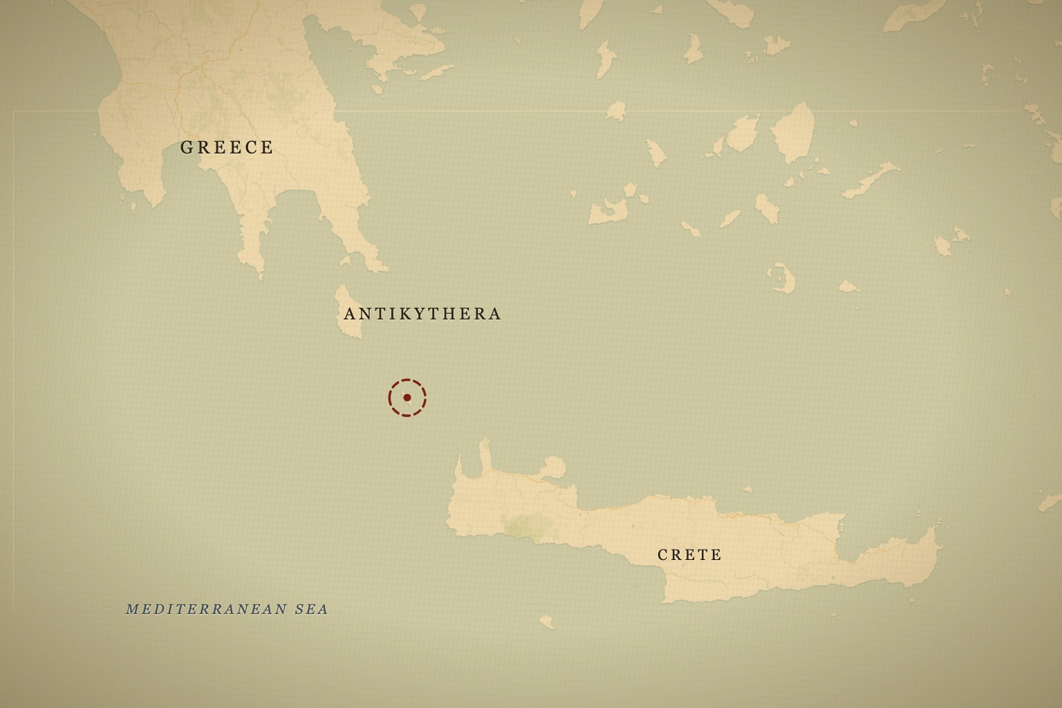 The Antikythera wreck site, in the strait between the Peloponnese and Crete. Map data © OpenStreetMap contributors, tiles © CARTO.