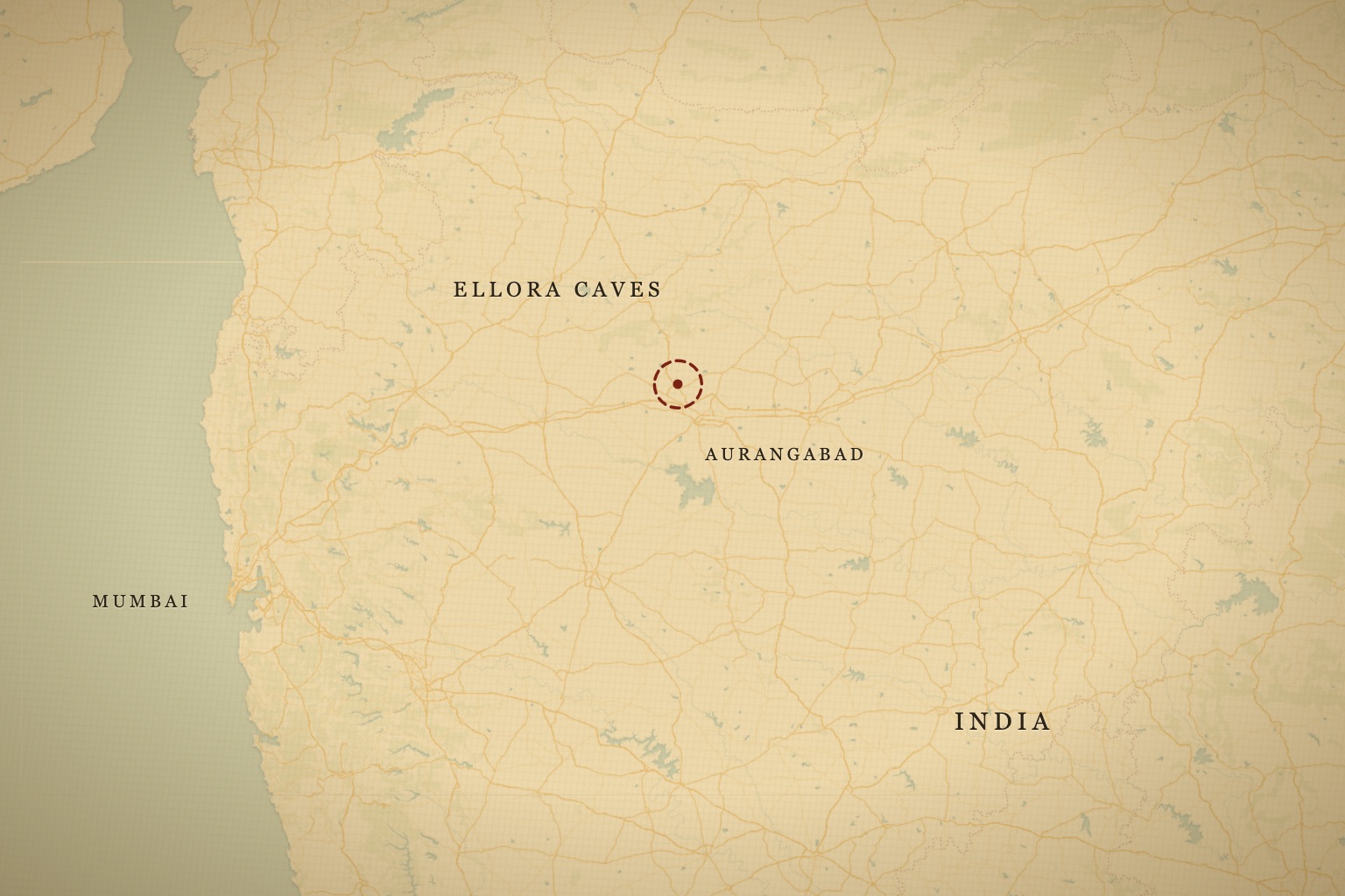 The Ellora caves northwest of Aurangabad, Maharashtra. Map data © OpenStreetMap contributors, tiles © CARTO.