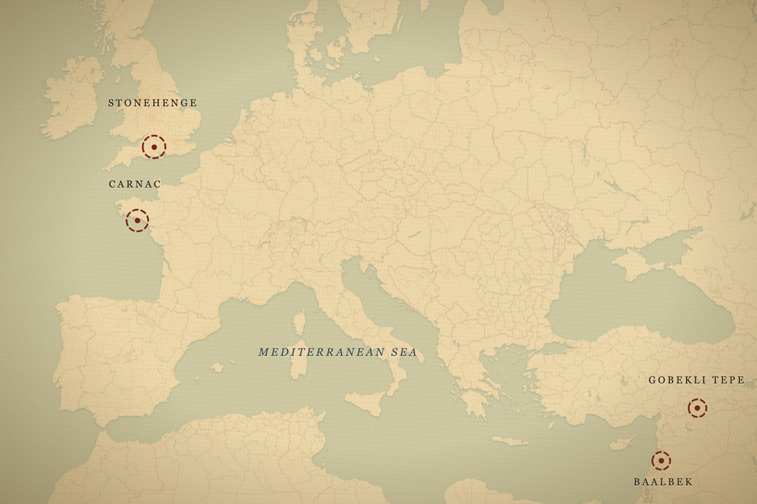 The sites in this roundup — Stonehenge, Carnac, Göbekli Tepe, and Baalbek — spanning Europe and the Near East. Map data © OpenStreetMap contributors, tiles © CARTO.